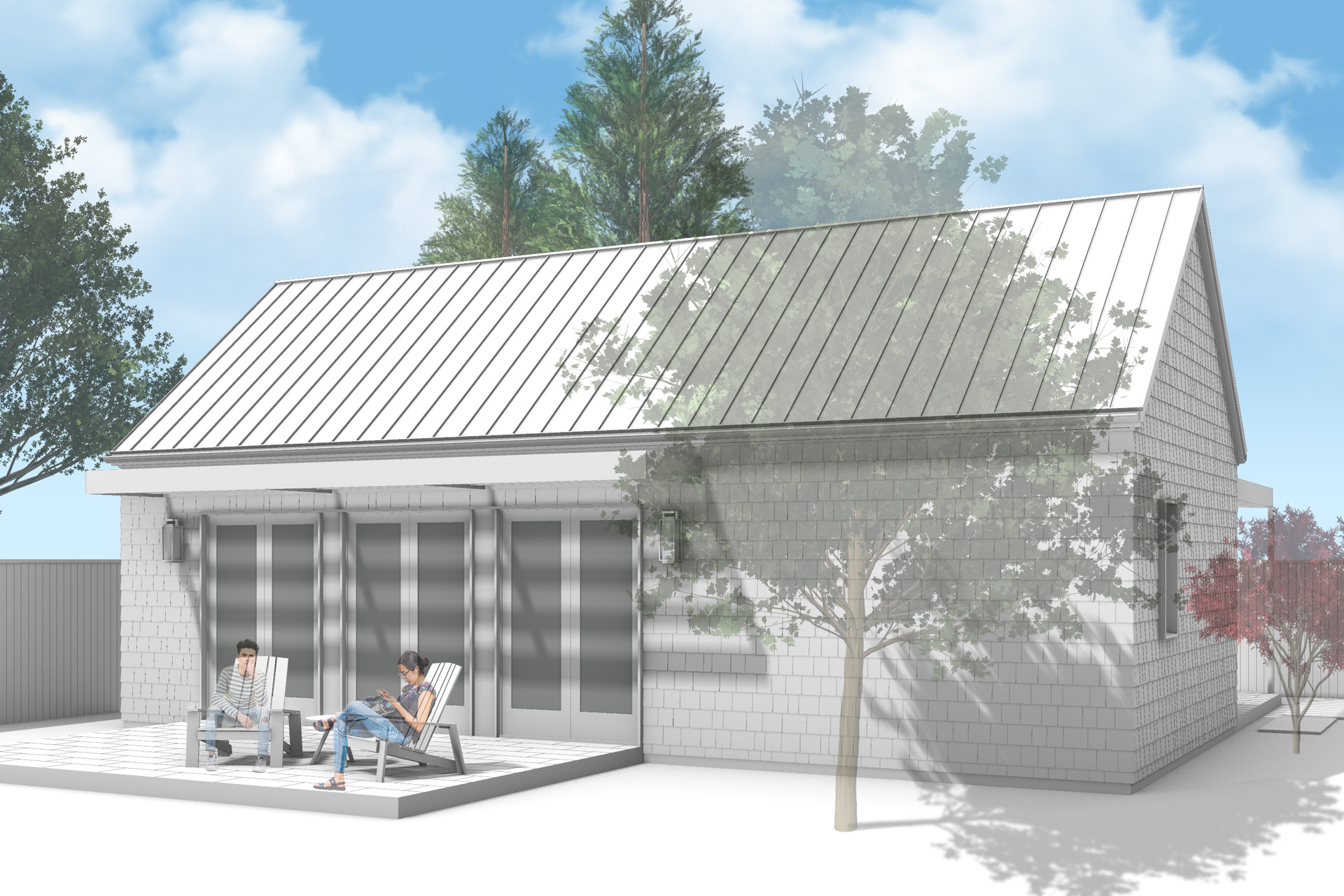 Architectural rendering of the rear of the accessory dwelling unit showing the patio.