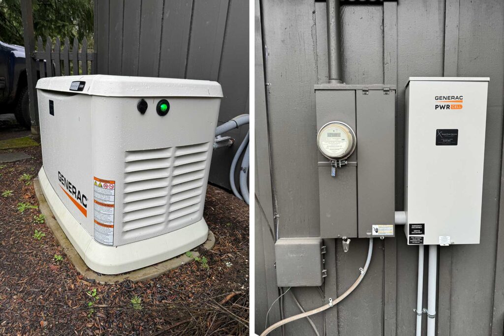 Image on the left is a whole house generator; image on the right is the electric meter and the automatic transfer switch.