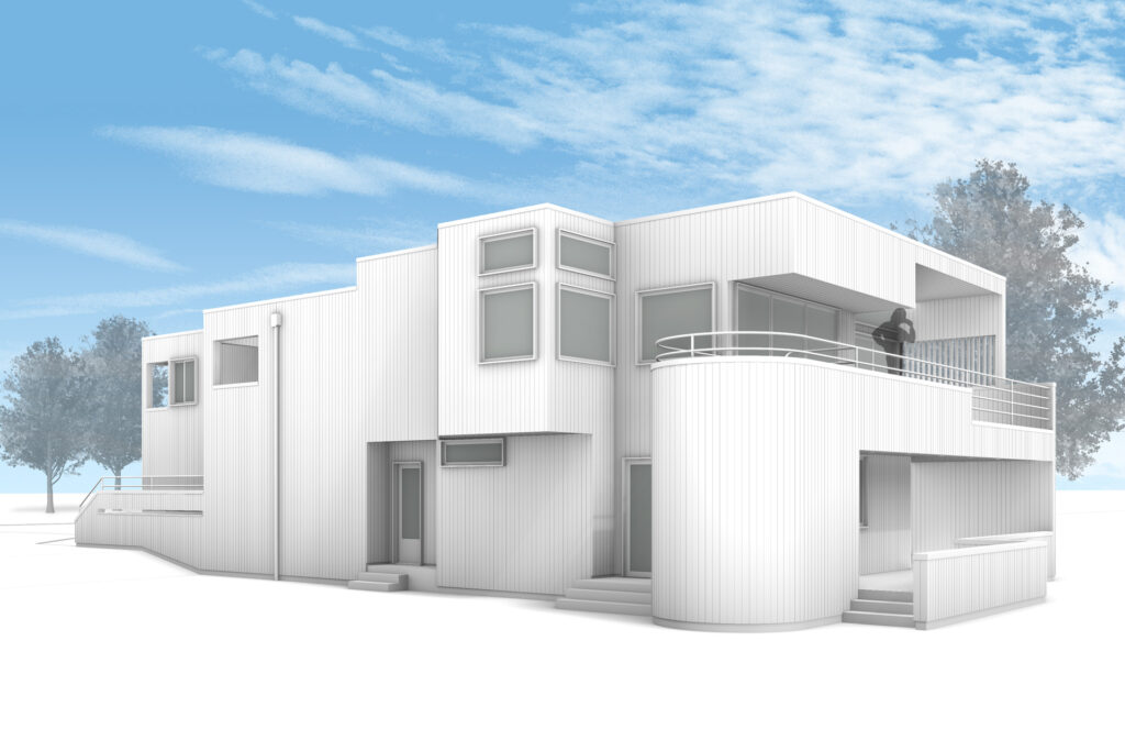 Architectural rendering of the northeast corner of the modern exterior restoration.