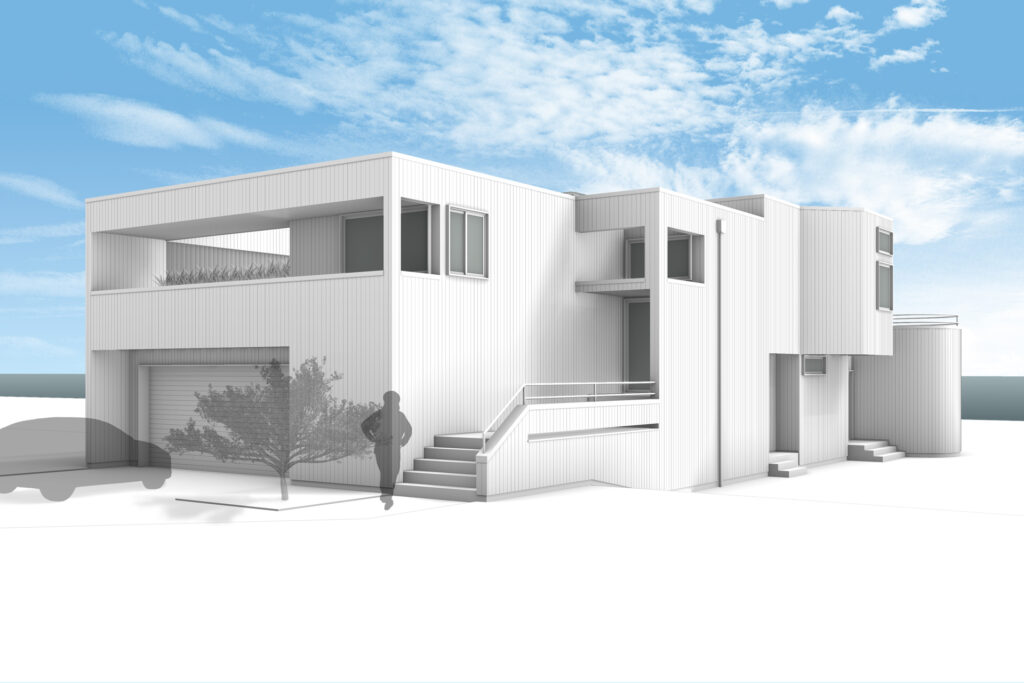 Architectural rendering of the southeast corner of the modern exterior restoration.