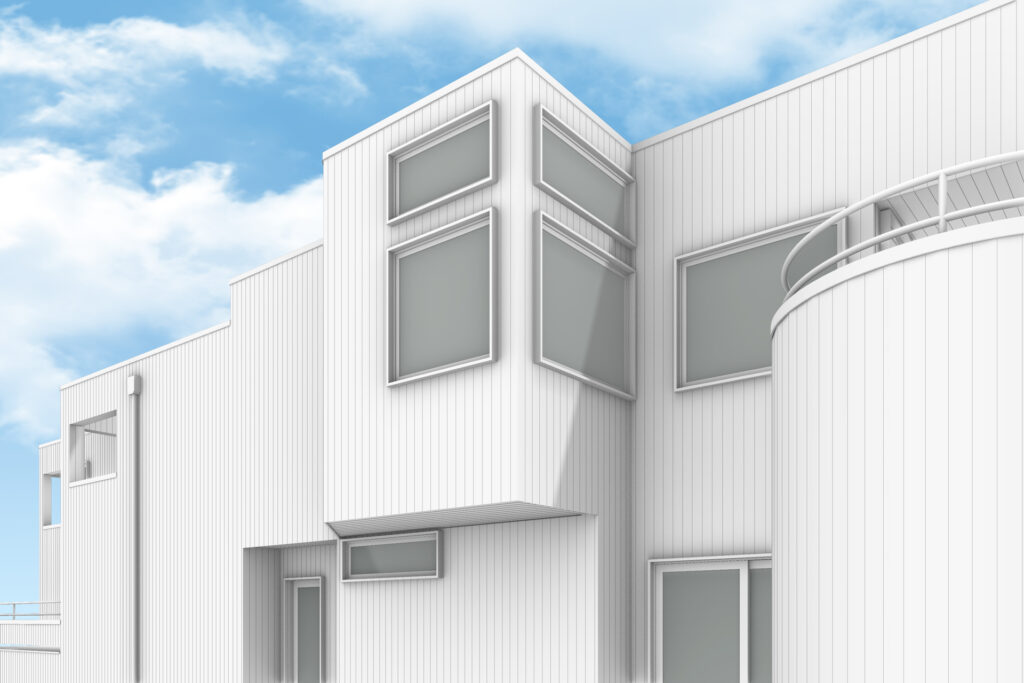 Architectural rendering of illustrating the proposed window trim on the modern exterior restoration.