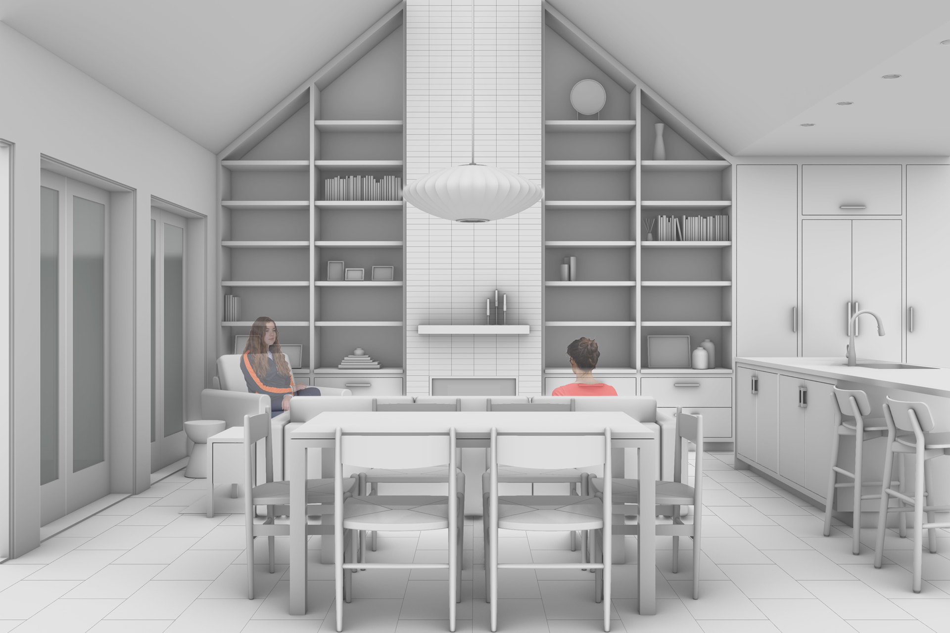 Interior rendering of the accessory dwelling unit looking towards the fireplace in the living room.