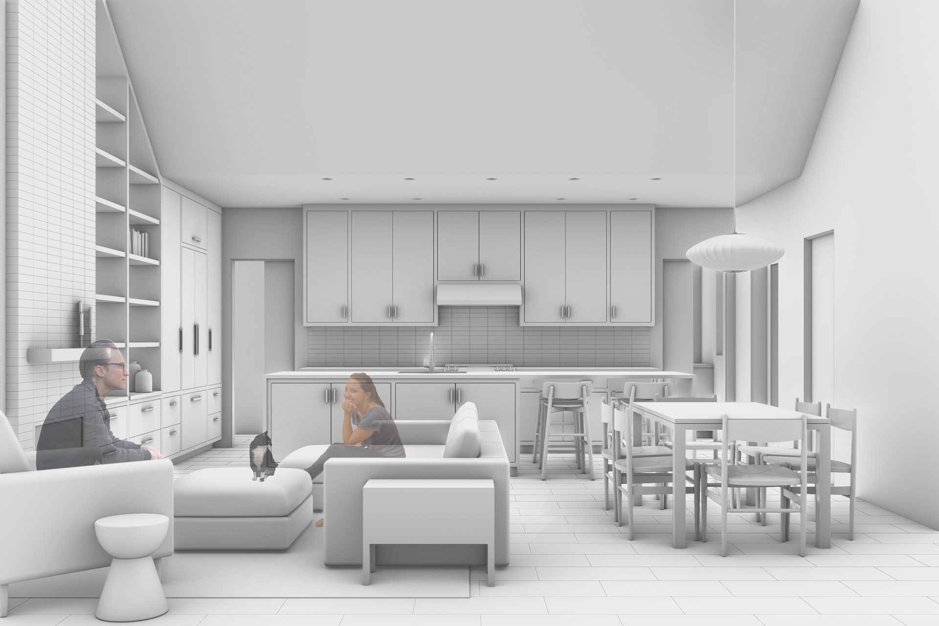 Interior rendering looking towards the living, dining and kitchen.