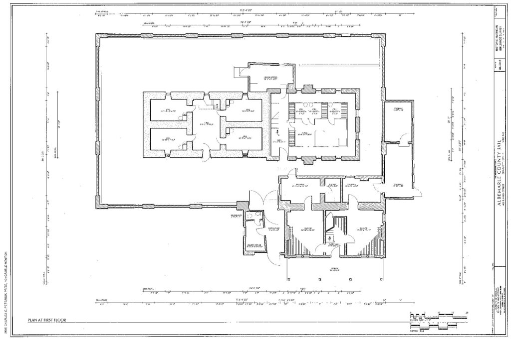 This is a measured drawing of the first floor of the Albemarle County Jail in Charlottesville, Virginia.