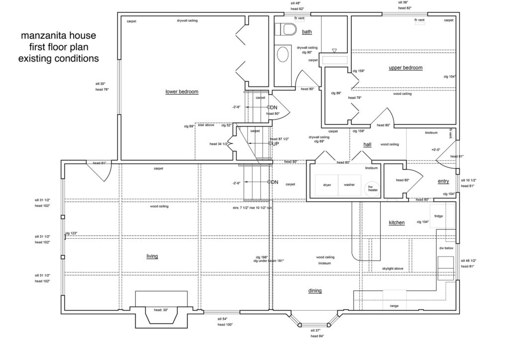 This is a measured drawing of the Manzanita Beach House first floor plan.