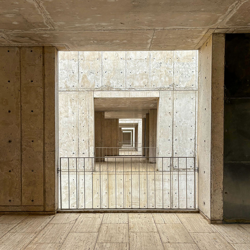 View through multiple upper level stair landings at the Salk Institute.