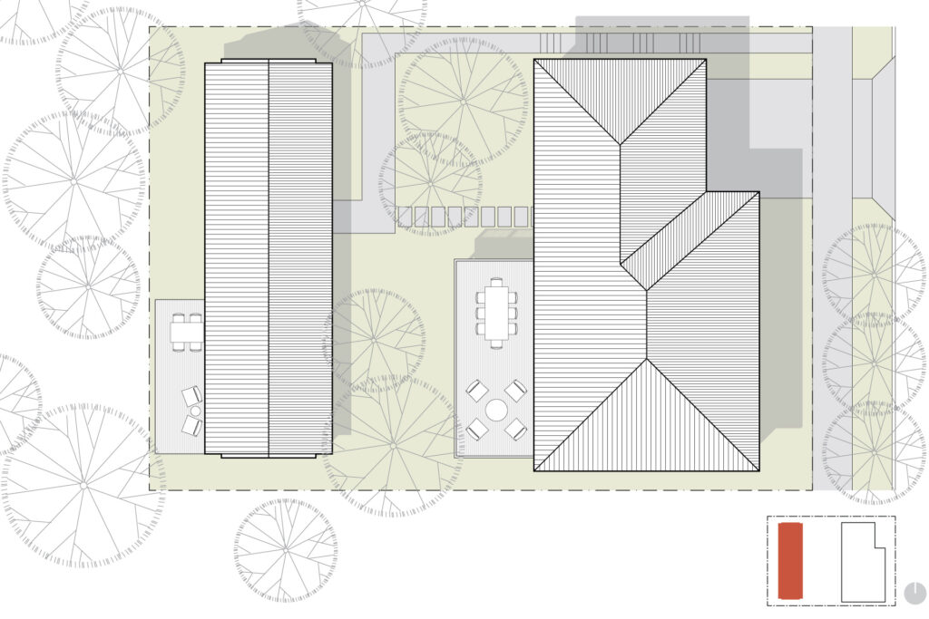 Site plan of the house and new ADU. ADU is identified with the orange symbol.