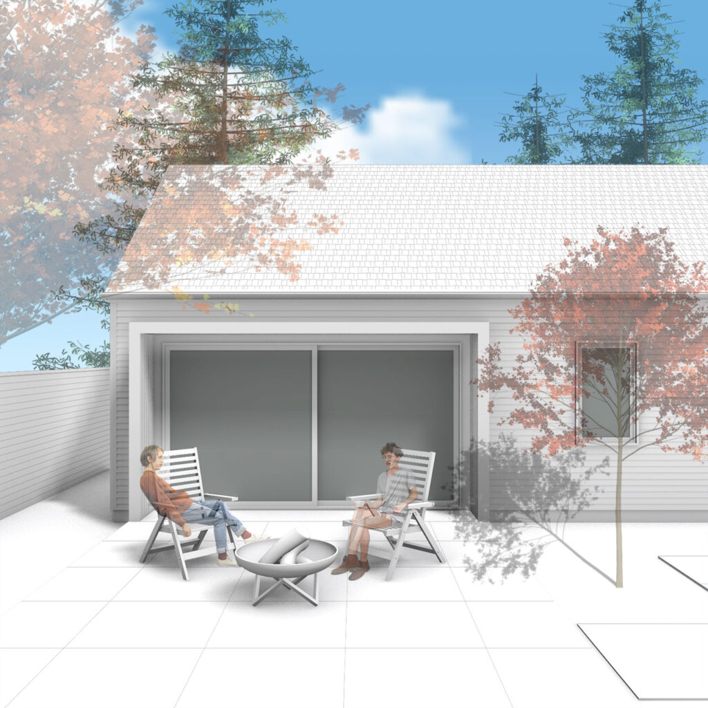 3d rendering of the Grant Park ADU showing the large sliding glass door that connects the interior space to the exterior patio.