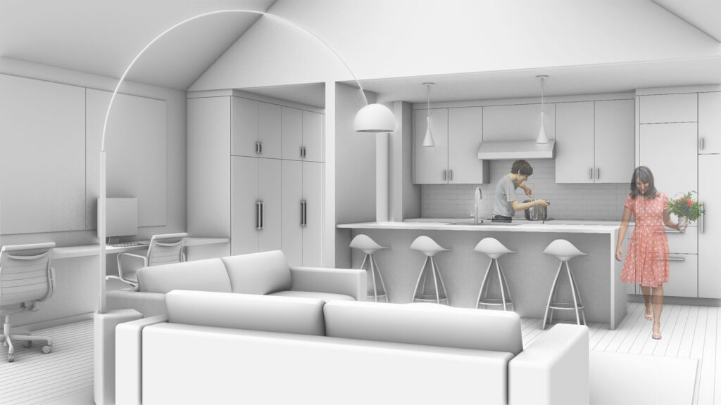 3d rendering of the living and kitchen spaces in the Grant Park ADU.