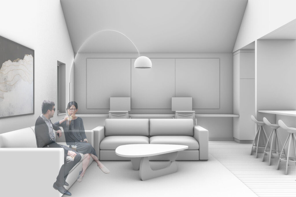 3d rendering of the living and work spaces in the Grant Park ADU.