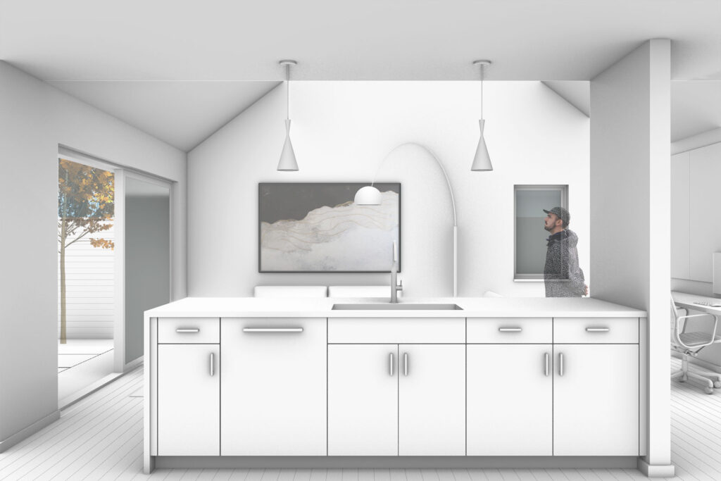 3d rendering of the kitchen island in the Grant Park ADU.