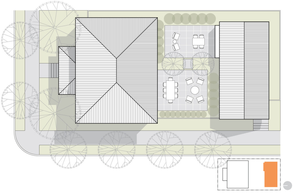 Site plan showing the location of the main house and the location of the ADU, highlighted in orange.