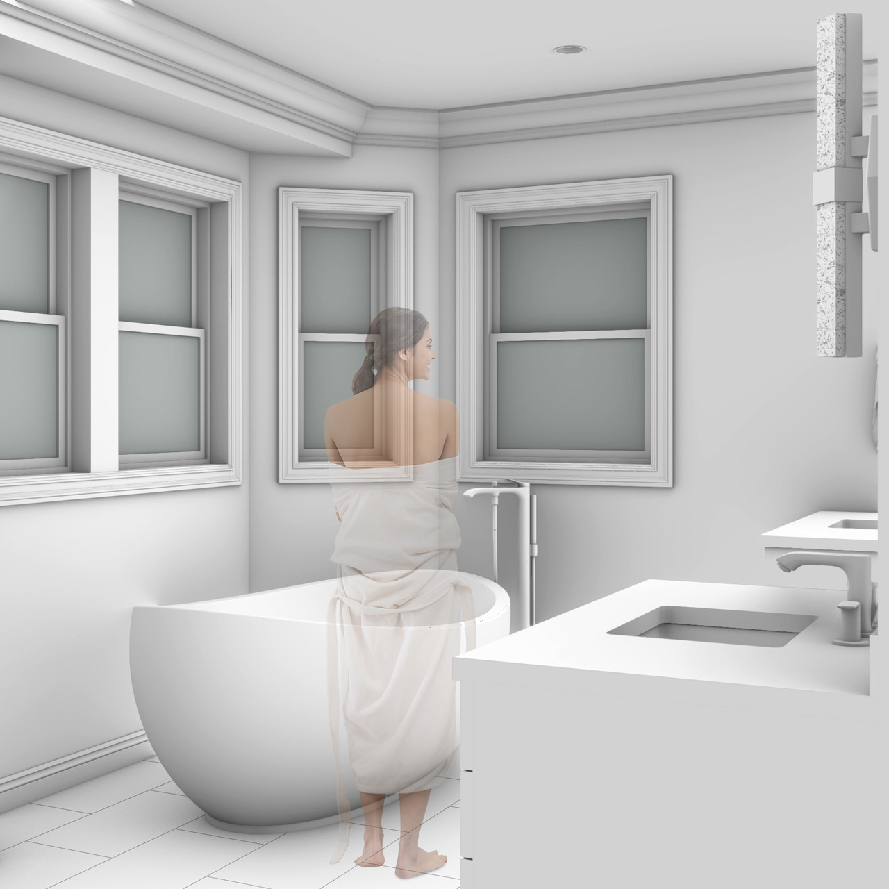 A woman with a towel wrapped around her stands next to a free-standing tub in this luxury bathroom renovation.