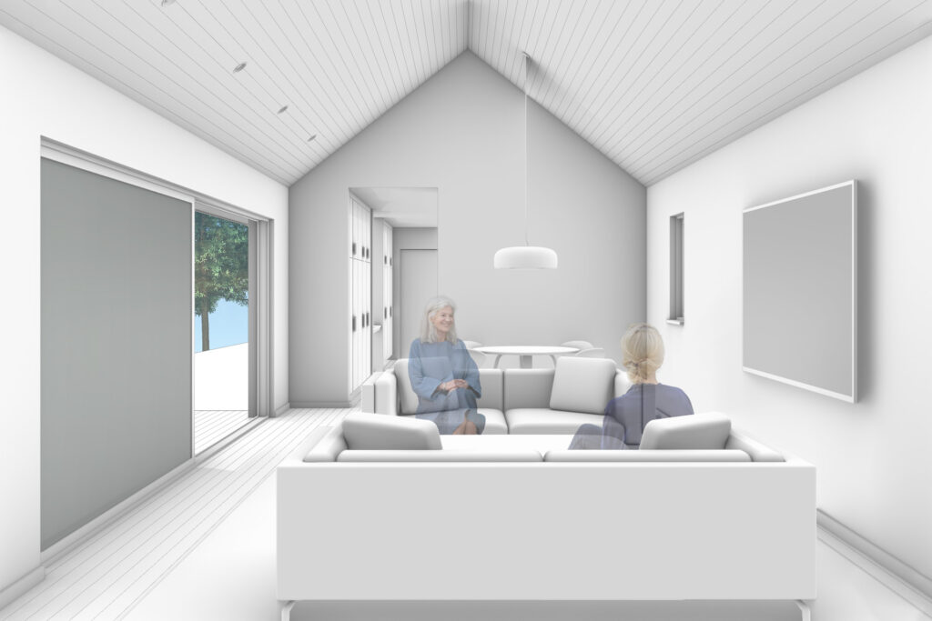 Interior 3d rendering of the living space of the Forest Park ADU showing the vaulted ceiling and the large glass doors to the deck.