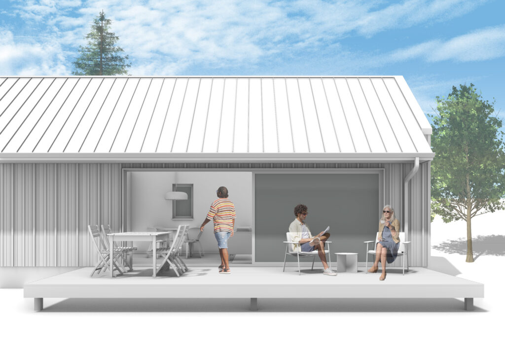Rear elevation rendering of the Forest Park ADU showing the deck.