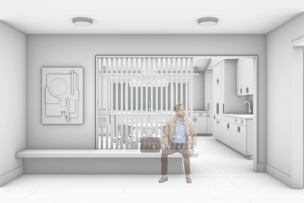 A slatted wood screen wall separates the entry hall from the dining and kitchen area in the Property Damage Renovation.