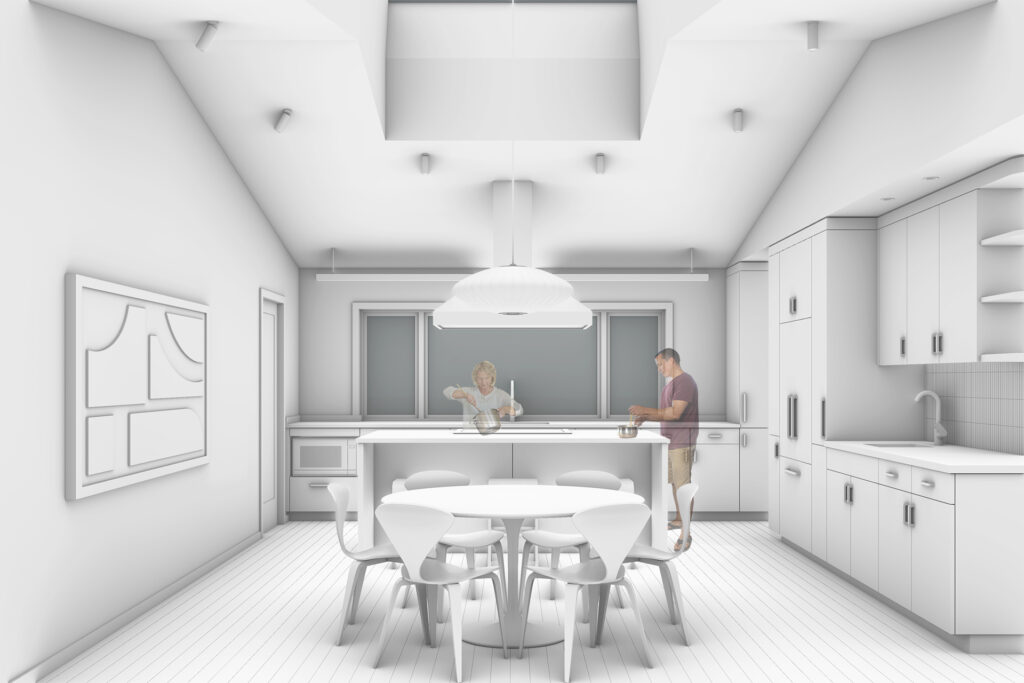 The dining and kitchen feature a vaulted ceiling in the Property Damage Renovation.