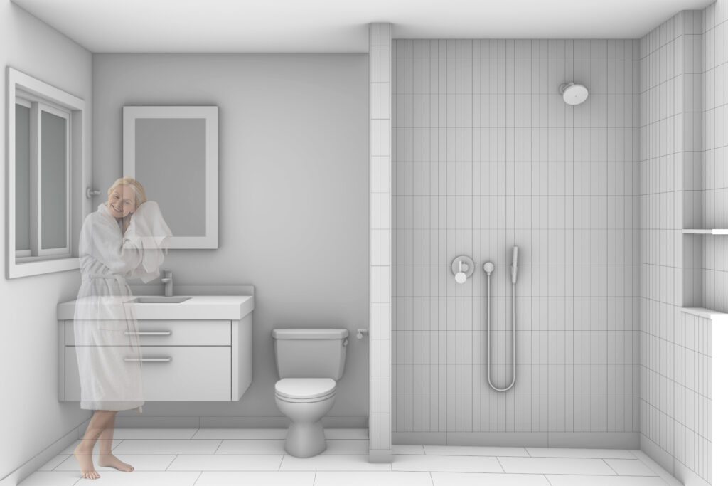 The primary shower is tiled in a 2x8 tile set in a soldier course.