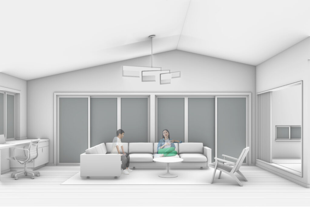 the living room features a vaulted ceiling in the Property Damage Renovation.