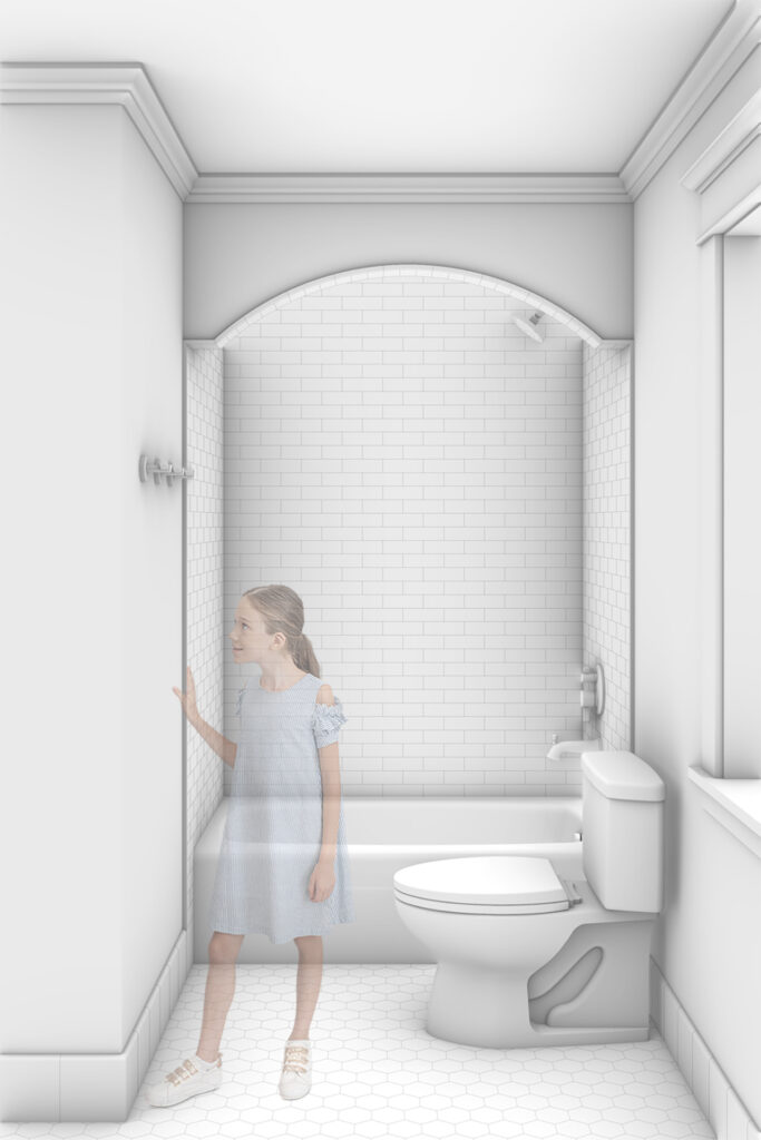 Rendering of a remodeled kids’ bathroom included in a Craftsman renovation. A young girl stands near a bathtub and shower combination framed by an arched ceiling detail. The tub surround is finished in white subway tile, and the floor features white hex tile, contributing to a timeless, clean-lined design suited for everyday use.