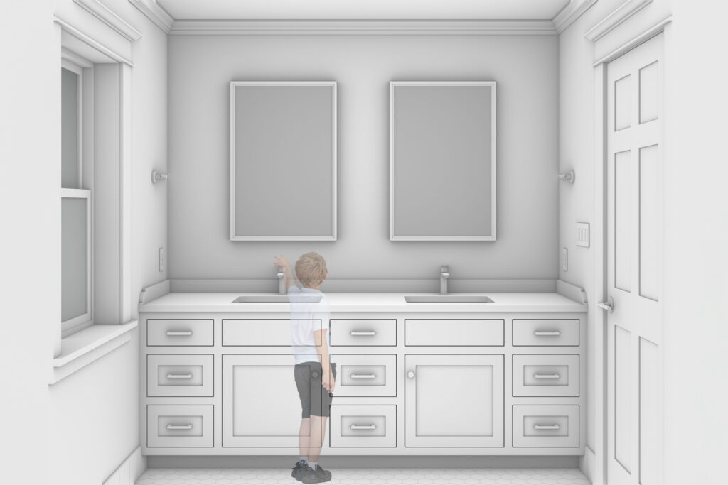 Rendering of a children’s bathroom remodeled as part of a Craftsman renovation. A young boy stands at a long double vanity with two sinks and matching mirrors above. The vanity has white inset cabinets and drawers, while hexagonal floor tile and traditional trim provide a clean, classic foundation for this updated family-friendly space.
