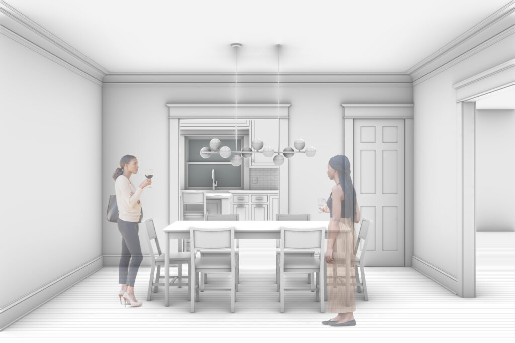 Rendering of a dining room remodeled as part of a Craftsman renovation. Two women stand near a rectangular table with eight chairs, beneath a sculptural modern chandelier. A wide cased opening leads to the kitchen, where inset cabinetry and traditional trim details reinforce the home's classic style. Crown moulding, tall baseboards, and hardwood floors contribute to the warm, cohesive interior.