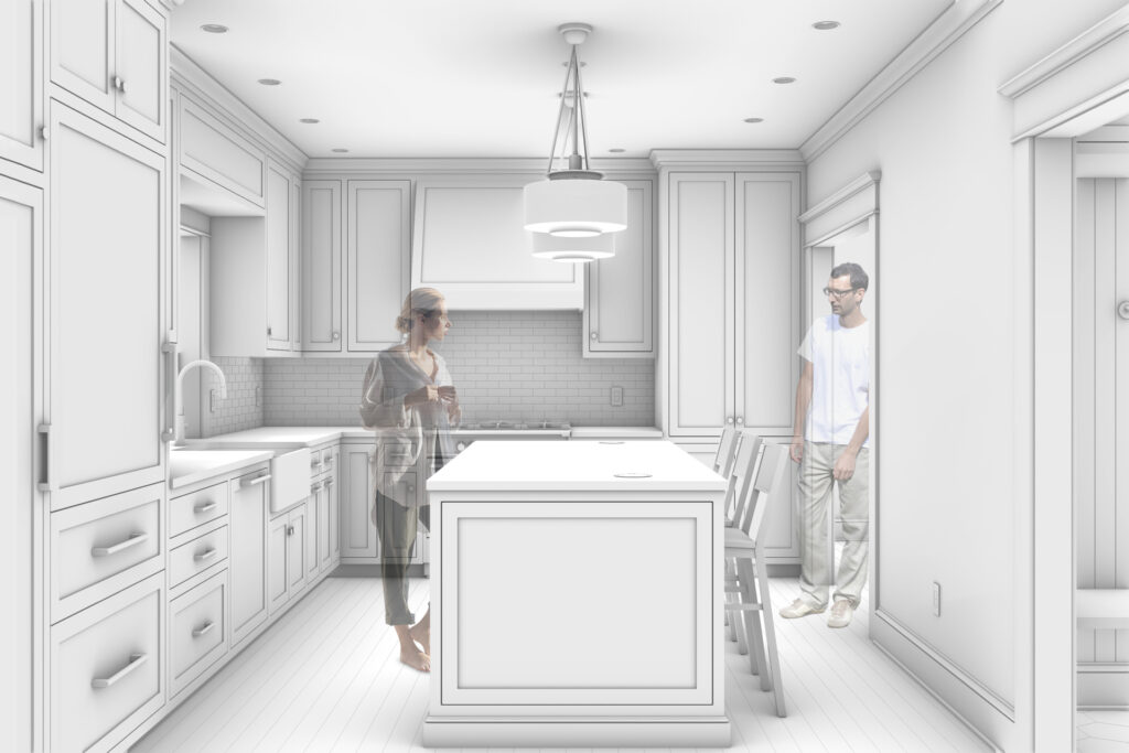 Rendering of a kitchen with inset cabinetry, a large central island with seating, a farmhouse sink, and a subway tile backsplash. A woman holding a cup stands at the island while a man enters from the adjacent room.