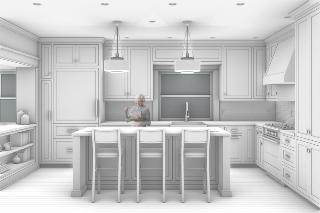 Rendering of a kitchen featuring a wide island with bar seating, a farmhouse sink below a large window, and full-height cabinetry throughout. An older woman stands behind the island preparing a salad.