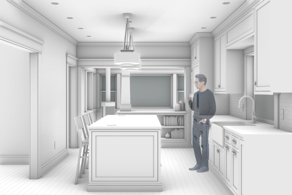 Rendering of a kitchen interior with a central island, farmhouse sink, and surrounding inset cabinets. A built-in bookcase and Craftsman-style column define the edge of the open-plan layout. A man holding a mug stands near the sink. Part of an interior Craftsman renovation.