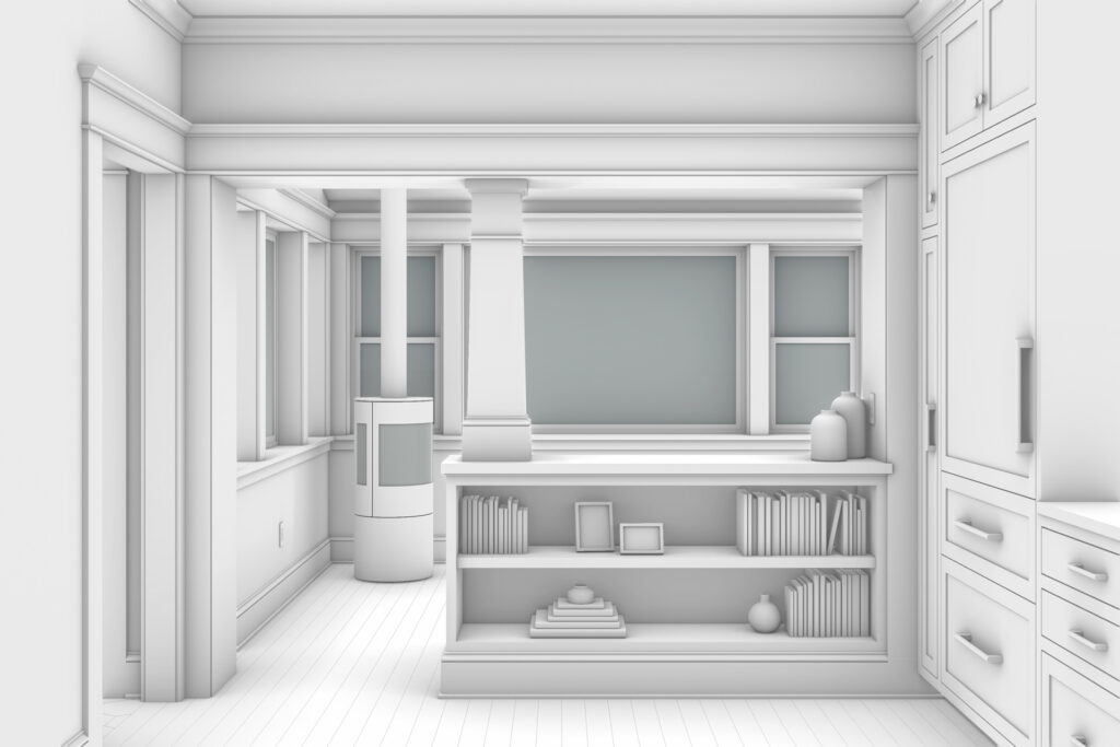 Rendering of a built-in bookcase with a Craftsman-style column separating the kitchen from a light-filled sunroom. A contemporary wood-burning stove sits in front of a wall of windows. Part of a detailed interior Craftsman renovation.