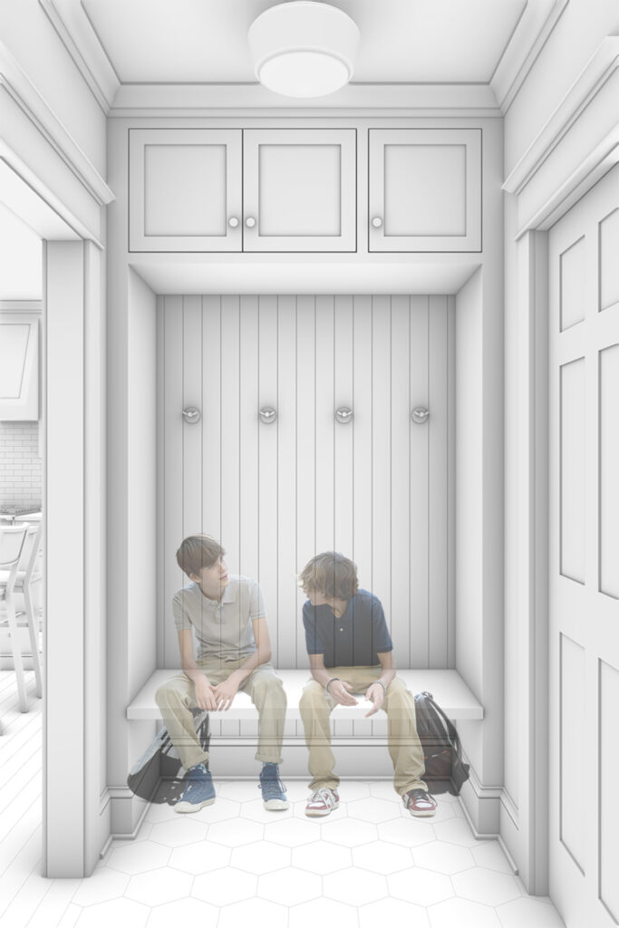 Rendering of a mudroom in a Craftsman renovation, featuring two boys sitting on a built-in bench with backpacks at their feet. The space includes vertical paneling, wall hooks, overhead cabinets, and hexagonal floor tile, providing a functional drop zone adjacent to the kitchen.