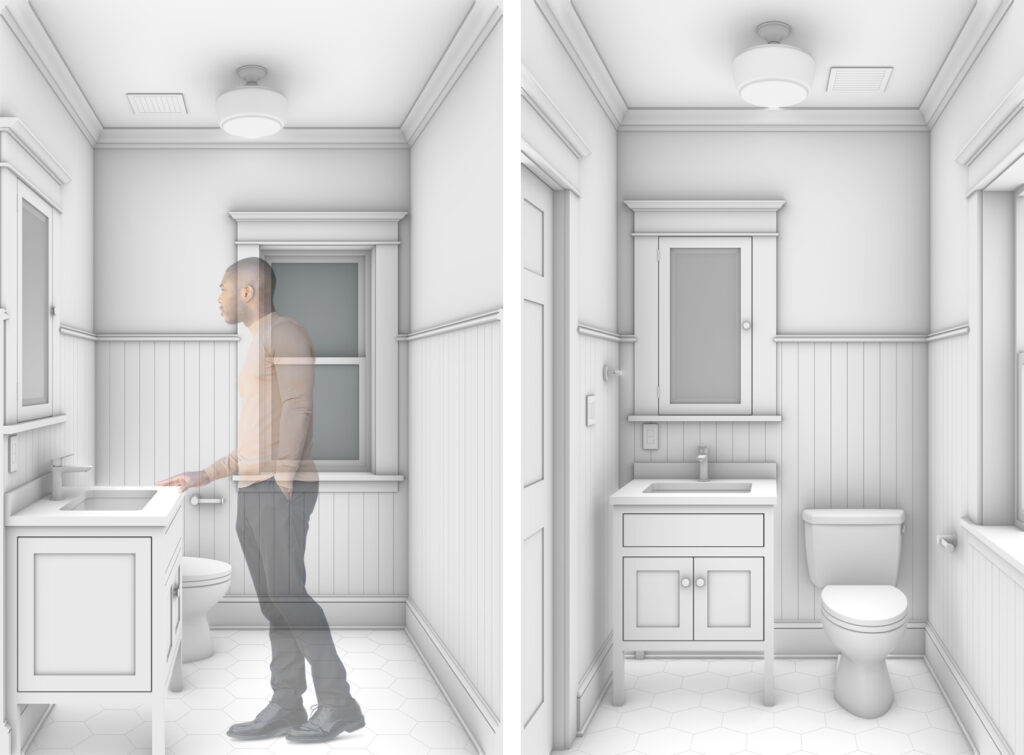 Two renderings of a powder room updated as part of a Craftsman renovation. The space features a pedestal-style vanity with inset paneling, a built-in mirrored medicine cabinet, vertical tongue-and-groove wainscoting, hexagonal floor tile, and traditional wood trim around the window and door. A man stands at the sink in one view, highlighting the room’s compact yet functional layout.