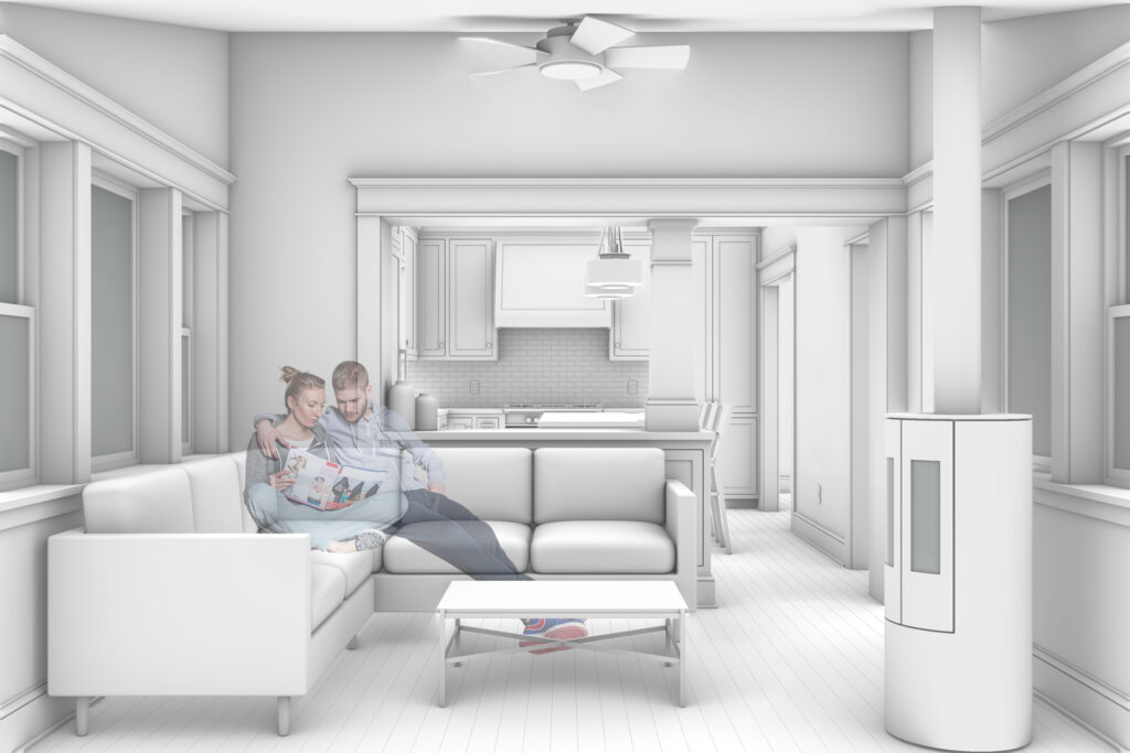 Rendering of a Craftsman renovation showing a light-filled sunroom with a couple reading together on a sectional sofa. In the background, the updated kitchen features traditional cabinetry and a central island, visible through a wide cased opening with Craftsman-style trim. A modern wood-burning stove stands in the corner near tall windows.