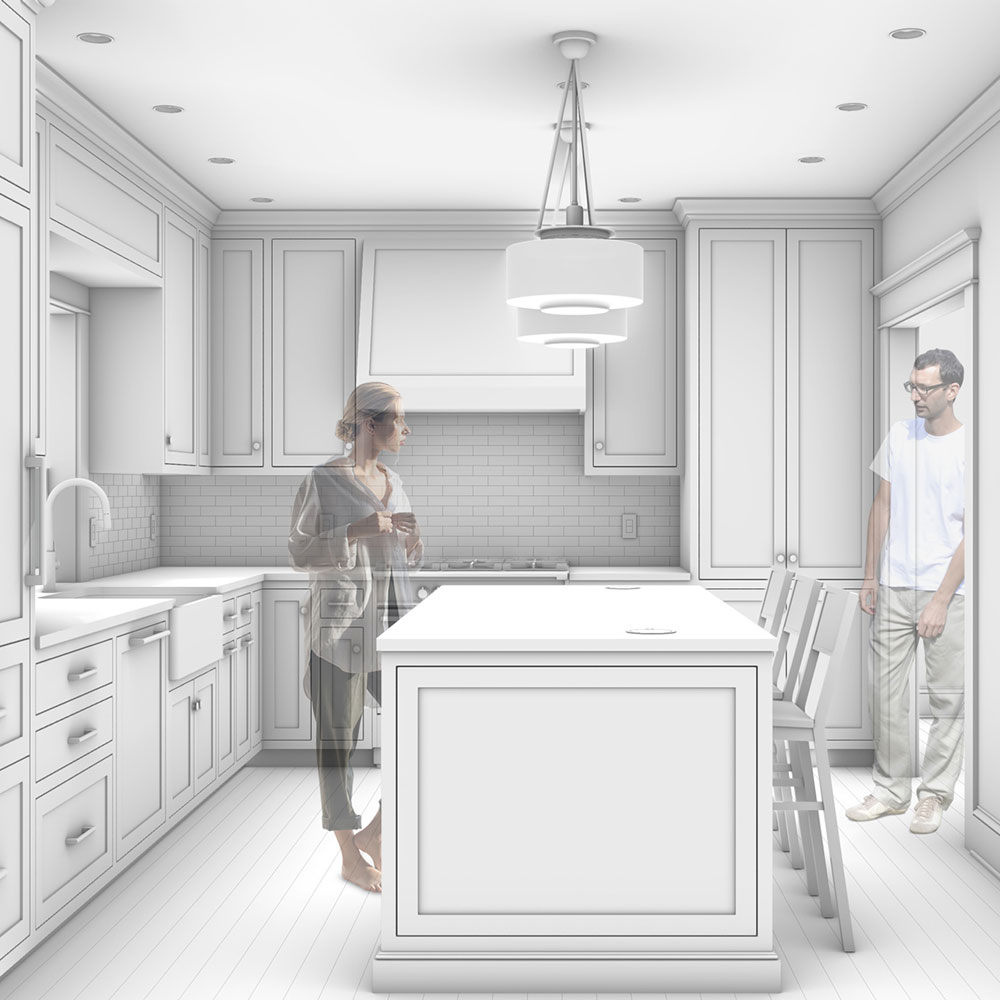 Rendering of a bright, traditionally styled kitchen with flush inset cabinets, a subway tile backsplash, and a large central island with seating for three. Two figures—a woman holding a cup and a man near the doorway—suggest everyday activity in the space.