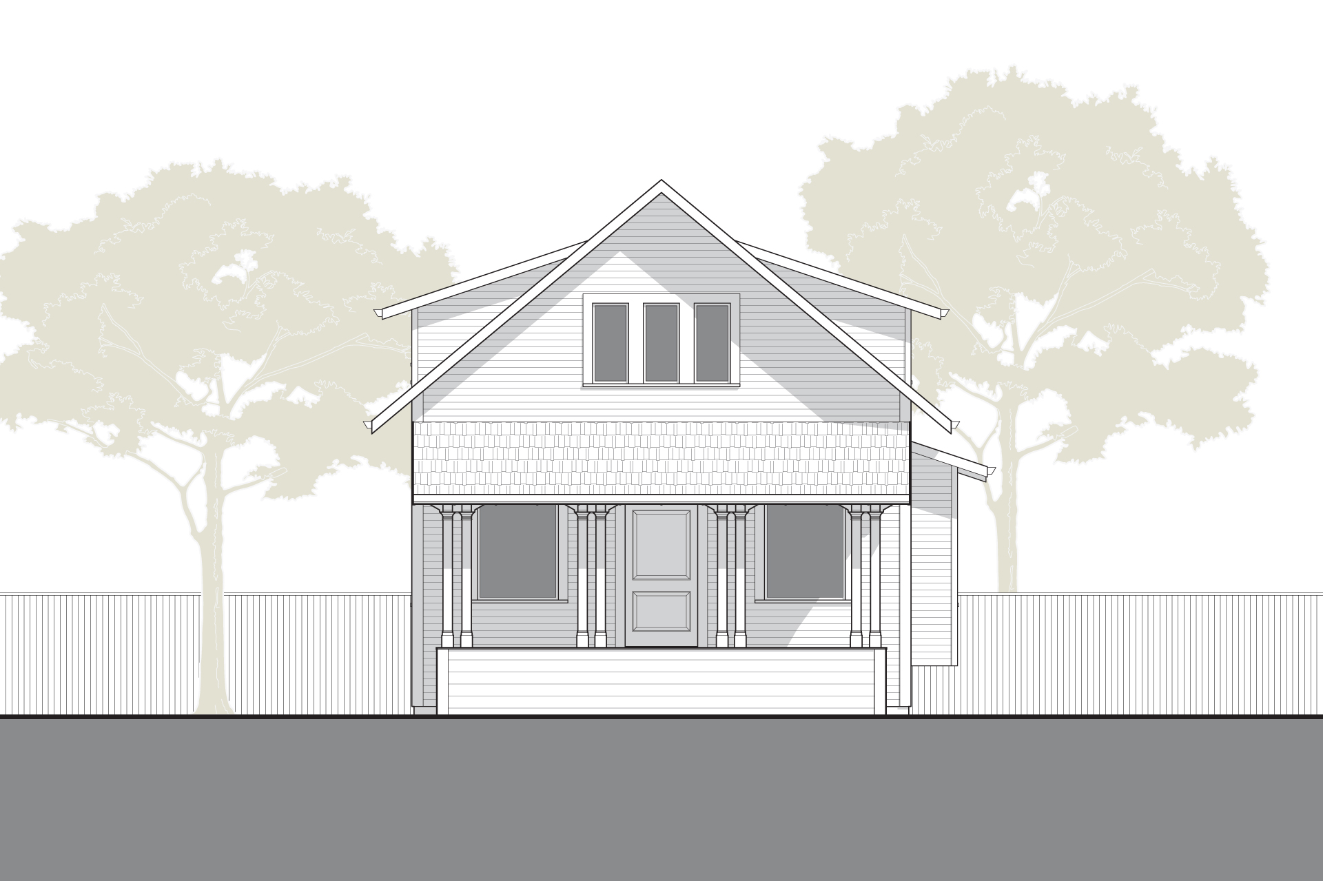 Front elevation of the house before renovation, showing a one-and-a-half-story structure with a low attic and minimal detailing on the upper level. The shallow roof pitch and short wall height above the porch give the facade a squat, compressed appearance.