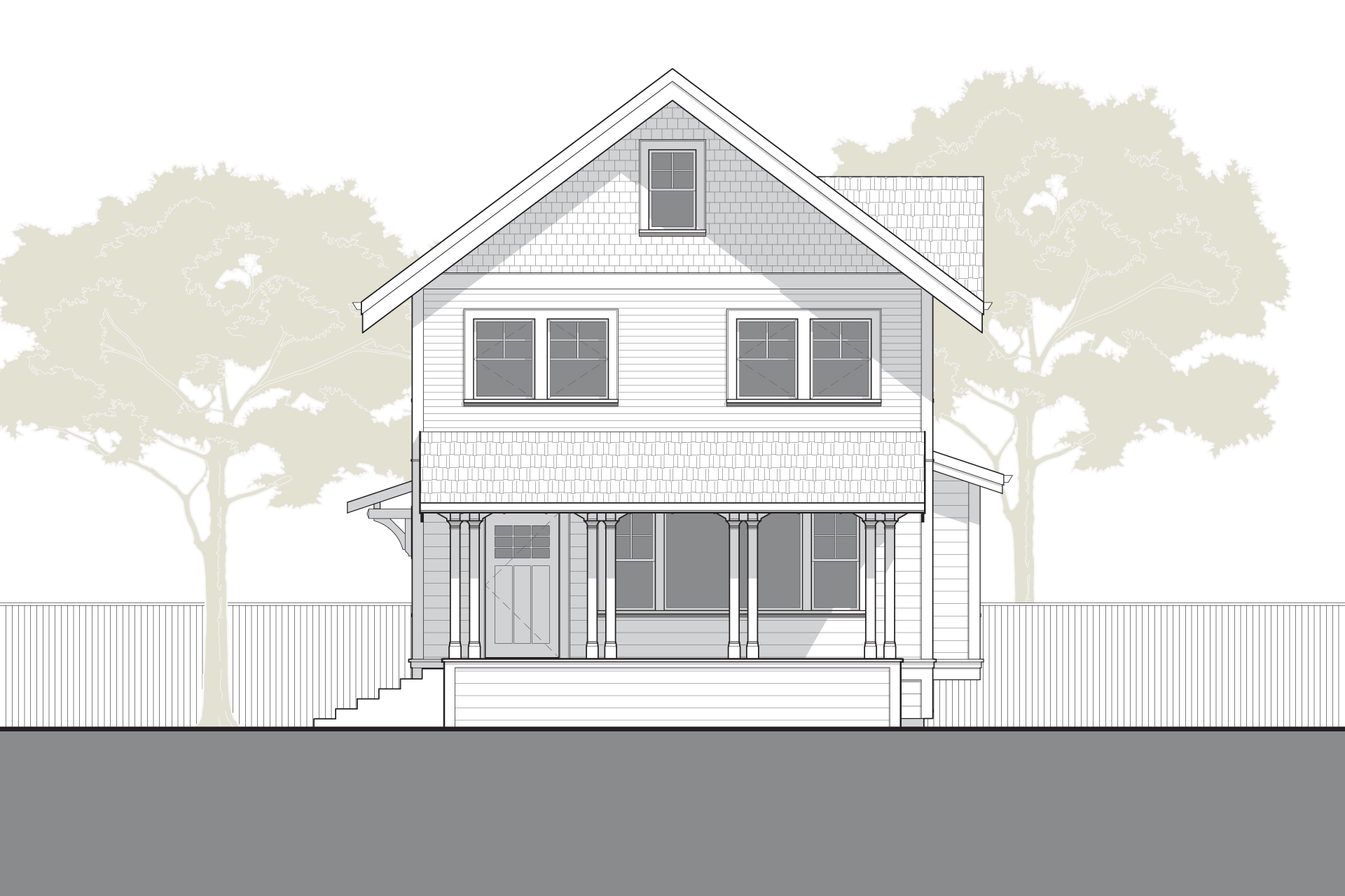 Front elevation of the house after the craftsman renovation, featuring a full second story, symmetrical window placement, and enhanced architectural details. The updated proportions, deeper eaves, and consistent siding and trim give the home a more refined and balanced presence.