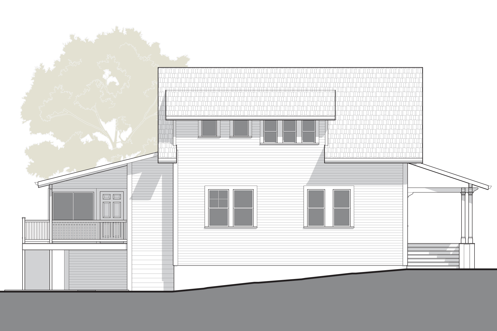 Side elevation of the house before renovation, showing a partial upper floor with a low roofline and short second-story windows tucked beneath the eaves. The design appears top-heavy, with limited architectural detailing and no basement windows visible.