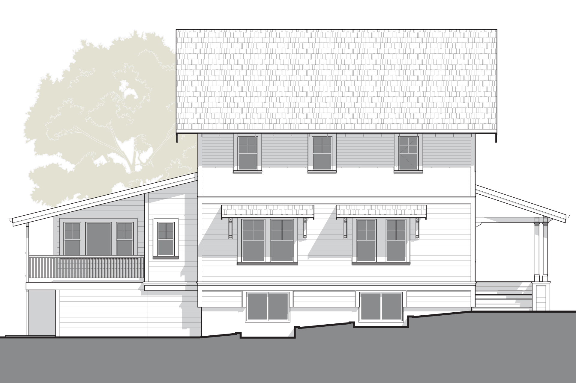 Side elevation of the house after the craftsman renovation, highlighting a full-height second floor with consistent window placement, new basement windows, and added awnings over the first-floor windows. The updated proportions, deeper eaves, and layered detailing enhance the home's scale and character.