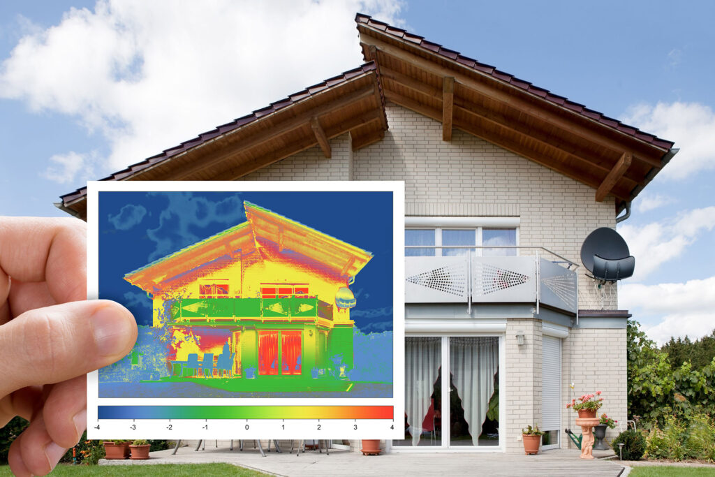 An infrared image highlights (in red) the locations where energy transfer is highest in a house. This house would benefit from R-5 windows.