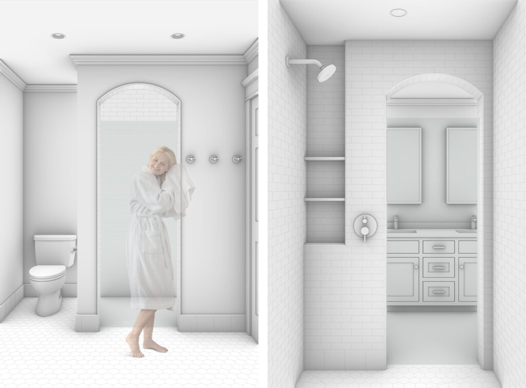 Rendering of a remodeled primary bathroom for a Craftsman renovation, featuring a woman in a towel walking into a spacious walk-in shower framed by a tiled archway. The room includes classic white subway tile, built-in shower shelving, hex tile flooring, and a double-sink vanity visible through the arched opening. The overall layout emphasizes comfort, privacy, and refined architectural details.