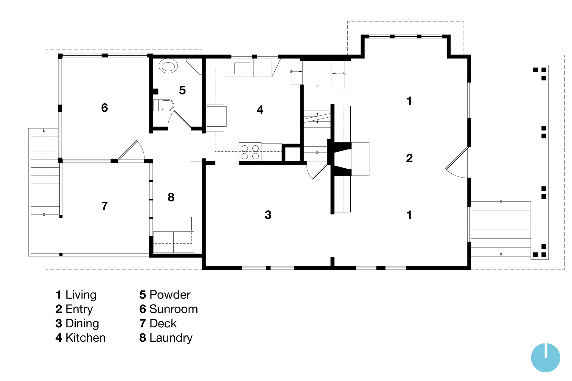 First floor plan of a home before the exterior craftsman renovation, showing the original layout with a more closed-off kitchen, smaller dining area, and limited connection between spaces. The plan reflects a less efficient flow and fewer architectural details compared to the updated version.