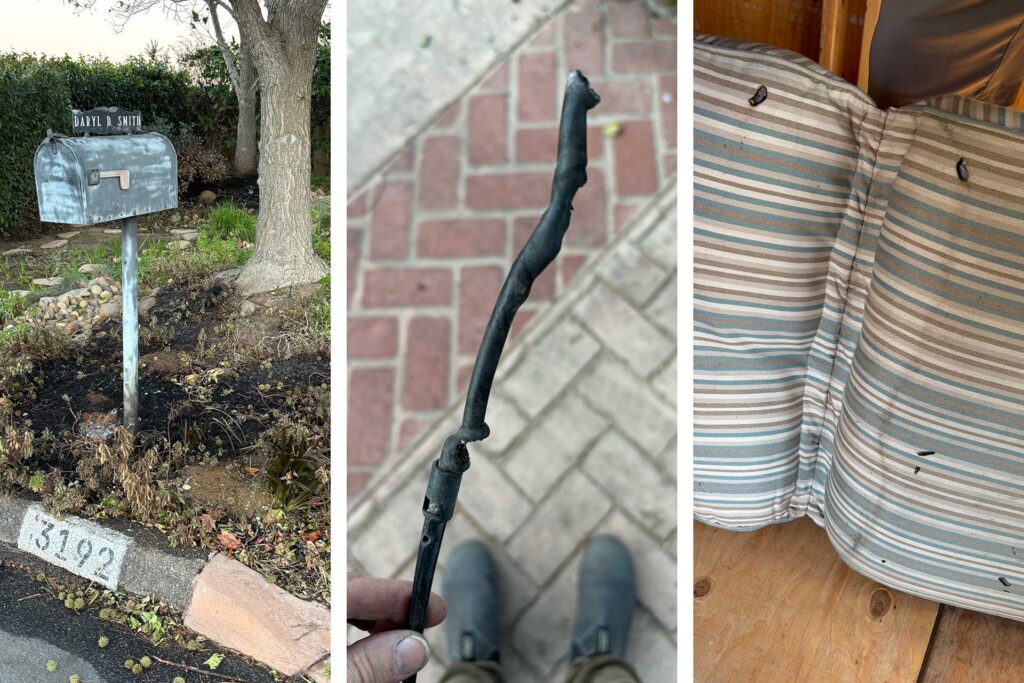 Close-up photos of wildfire damage: scorched mailbox landscaping, a melted irrigation line, and singed patio cushions just feet from the house.