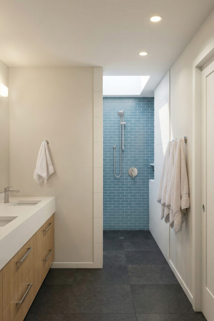 Bathroom with double vanity, walk-in shower, blue tile accent wall, and skylight.