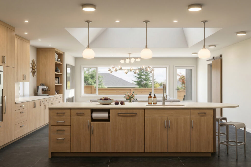 Kitchen with long island, light wood cabinetry, pendant lighting, and large skylight bringing natural light into the space.