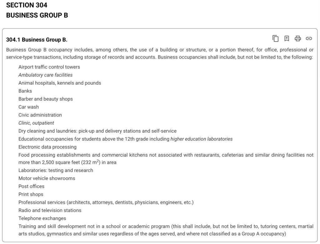 Change of use examples within Group B business occupancy from the building code, including offices, clinics, banks, and professional services.