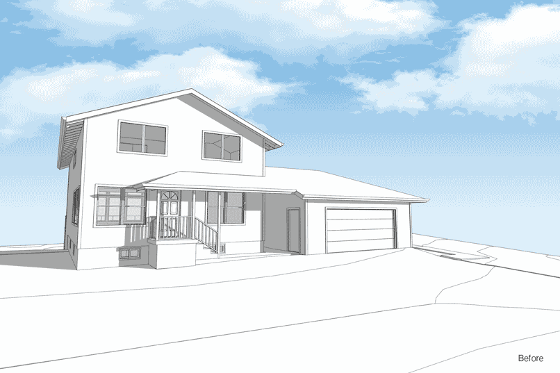 Animated front view showing the transformation of a river house remodel, from a disconnected garage and entry to a unified form with a strong roof and entry.