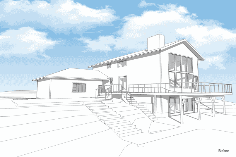 Animated rear view showing the transformation of a river house remodel, highlighting the new upper-level deck, expanded glazing, and connection to the site.
