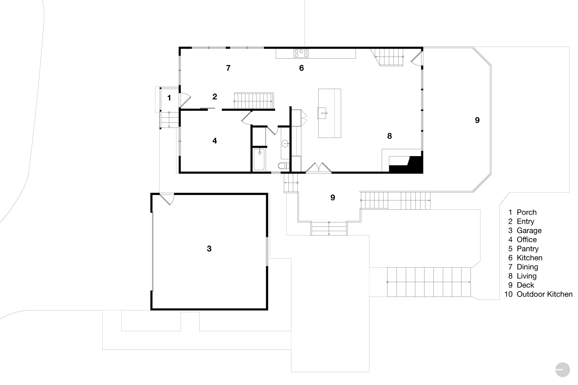 Existing first floor plan showing a disconnected layout with kitchen, dining, and living spaces separated, an office near the entry, and a detached garage accessed externally.