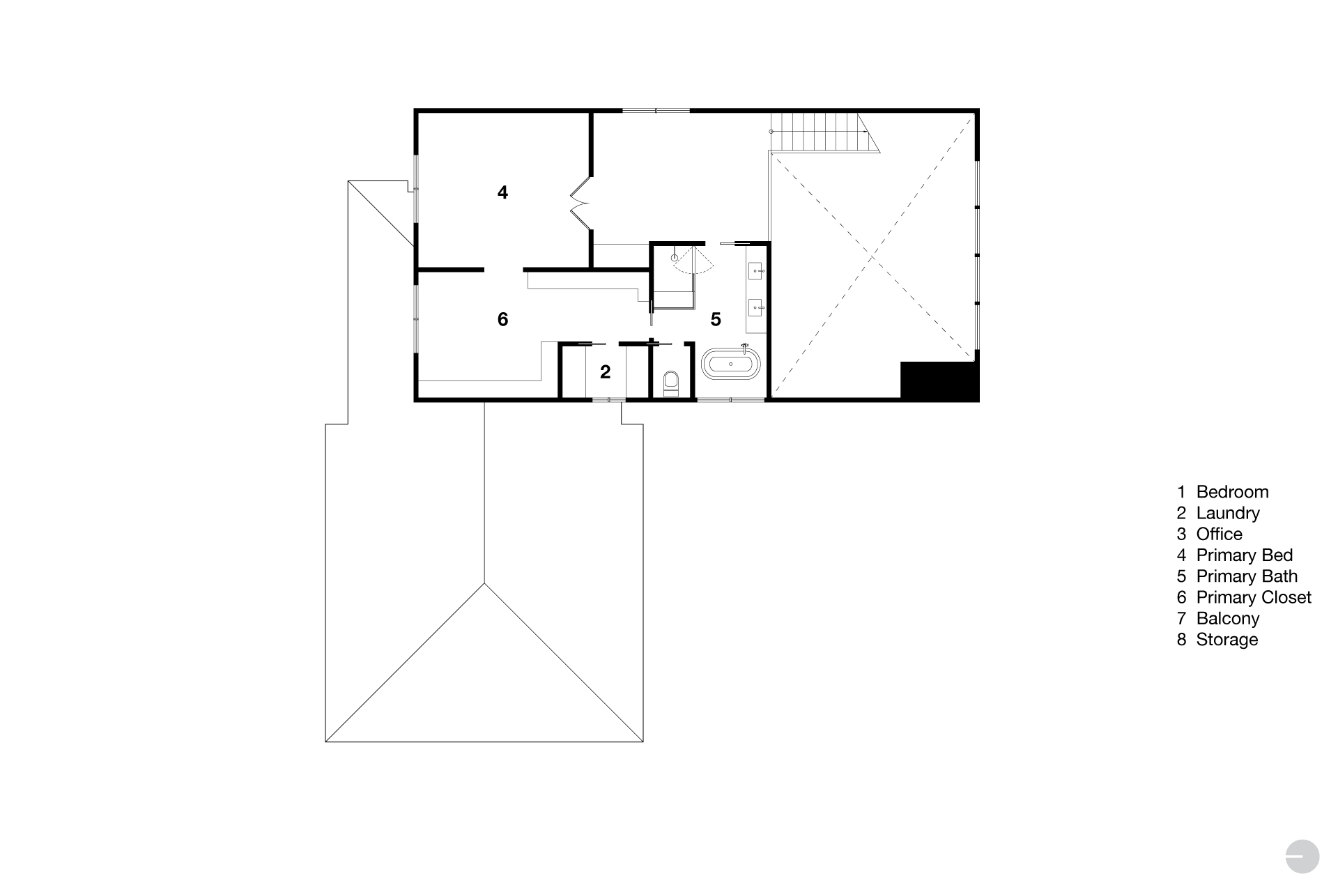 Existing second floor plan with a large primary suite, limited bedroom count, and partially open space overlooking the level below.