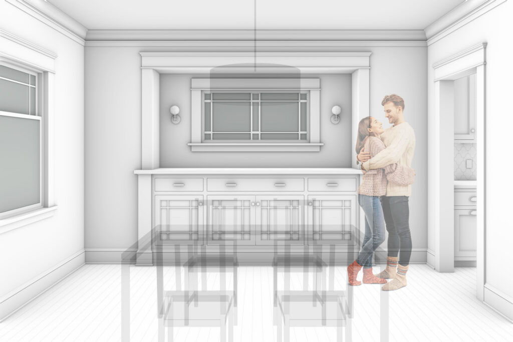 Rendering of a custom dining room built-in buffet beneath an existing window, with glass cabinet doors, divided-lite detailing, wall sconces, and traditional trim.